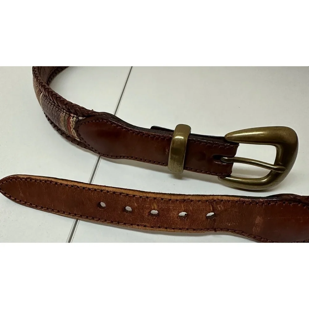 LL Bean Men's 42 Brown Leather Braided Belt Southwestern Woven Inlay Brass